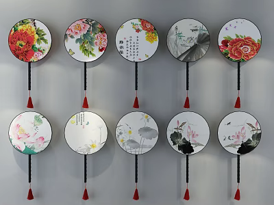 Round Decorative Wall Hangings with Peony Lotus Flowers and Chinese Calligraphy and Red Tassels 3d model