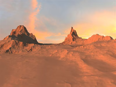 Desert Landscape At Sunset With Red Rocky Peaks And Vast Sandy Plains 3d model