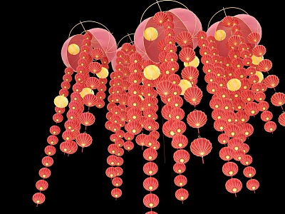 Multiple Red Decorative Lanterns Hanging With Golden Accents For Festive Decoration 3d model