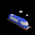 Blue Cartoon Toy Train on Brown Track with White Clouds Around 3d model