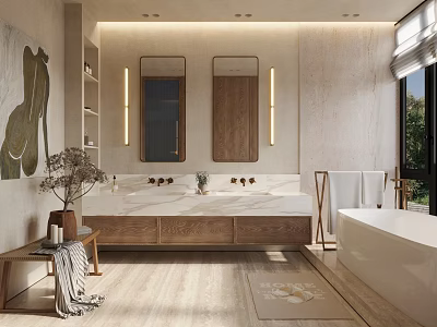 Modern Bathroom Interior With Double Vanity Wooden Cabinets Marble Countertop Mirrors Bathtub And Natural Light 3d model