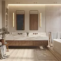 Modern Bathroom Interior With Double Vanity Wooden Cabinets Marble Countertop Mirrors Bathtub And Natural Light