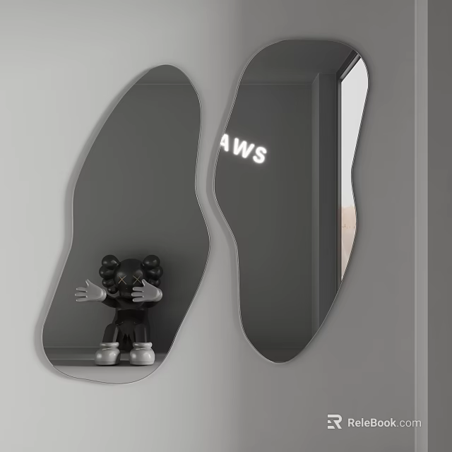 Modern Irregular Shaped Mirrors With Black Toy Figure And AWS Sign In Interior Decor 3d model 