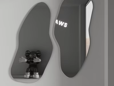 Modern Irregular Shaped Mirrors With Black Toy Figure And AWS Sign In Interior Decor 3d model