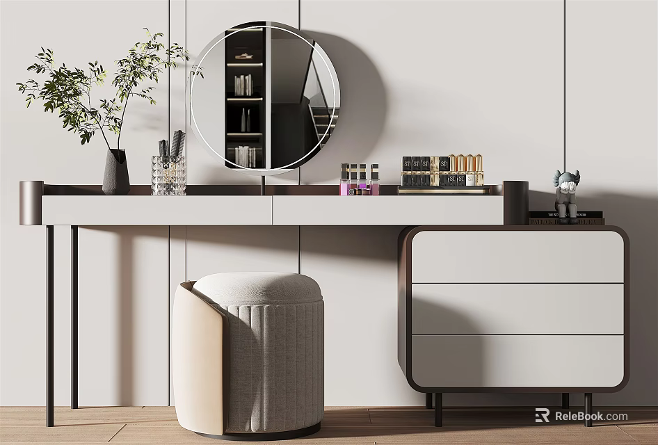 Modern Dressing Table With Round Mirror Storage Drawers And Upholstered Stool Decor 3d model