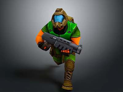 3D Military Character In Green Uniform With Helmet Face Mask And Large Gun Running 3d model