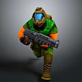 3D Military Character In Green Uniform With Helmet Face Mask And Large Gun Running