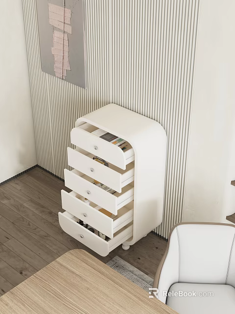 White Chest of Drawers with Multiple Storage Drawers Against Striped Wall and Wooden Floor Interior 3d model 