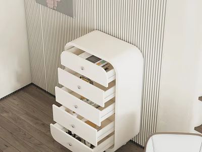 White Chest of Drawers with Multiple Storage Drawers Against Striped Wall and Wooden Floor Interior 3d model