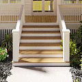 Wooden Front Porch Staircase With White Railings Gravel Path And Landscaping Plants