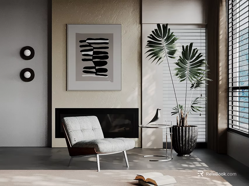 Stylish Lounge Chair in Modern Minimalist Room with Fireplace Round Sconces Abstract Art and Palm 3d model 