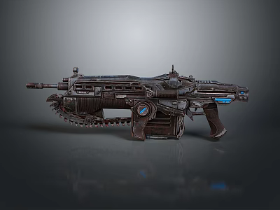 Sci Fi Machine Gun Design With Mechanical Structure Blue Glowing Accents And Chain Feed 3d model