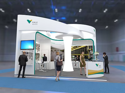 Modern VALE Exhibition Booth With White Green Design Digital Screen And People Visiting 3d model
