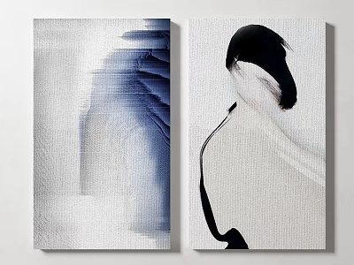 Two Piece Modern Abstract Wall Art With Blue Gray Tones And Black White Figure Design 3d model