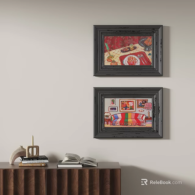 Two Black Framed Oil Paintings Hanging On Wall With Interior Scenes 3d model 