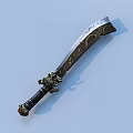Ornate Curved Knife With Intricate Blade Patterns And Decorative Metal Handle Design