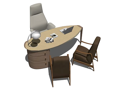 Modern Office Desk Setup With Laptop Table Lamp Documents And Wooden Chairs 3d model