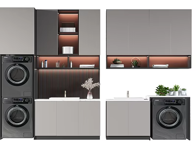 Modern Bathroom Vanity Cabinet Design With Washer Storage Drawers And Countertop Plants 3d model