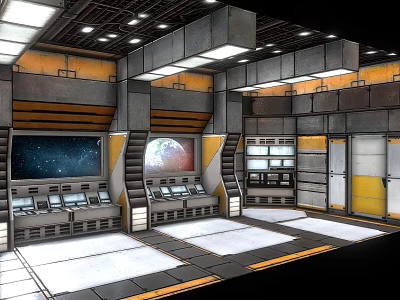 Advanced Control Room Interior With Multiple Monitoring Screens Control Panels And Equipment 3d model