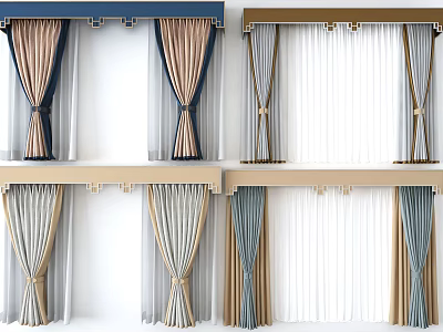 Elegant Modern Layered Window Curtains With Beige Blue Gray Tassel Ties And Valance 3d model