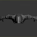Futuristic Humanoid Character in Metallic Silver Armor With Glowing Red Helmet And Green Accents
