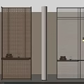 Modern Woven Wooden And Mesh Metal Room Dividers With Bottom Shelves In Minimalist Interior Design