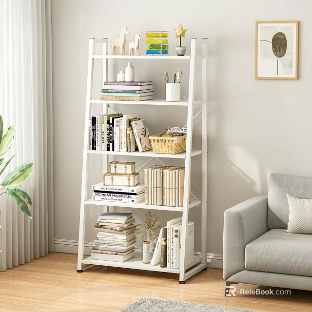 White Tiered Bookshelf With Books Decorative Items In Modern Living Room With Window Light 3d model 