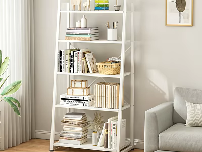 White Tiered Bookshelf With Books Decorative Items In Modern Living Room With Window Light 3d model