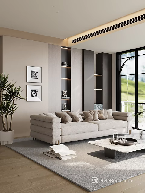Modern Elegant Living Room Interior With Beige Sofa Large Windows Green View And Decorative Paintings 3d model 