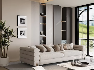 Modern Elegant Living Room Interior With Beige Sofa Large Windows Green View And Decorative Paintings 3d model