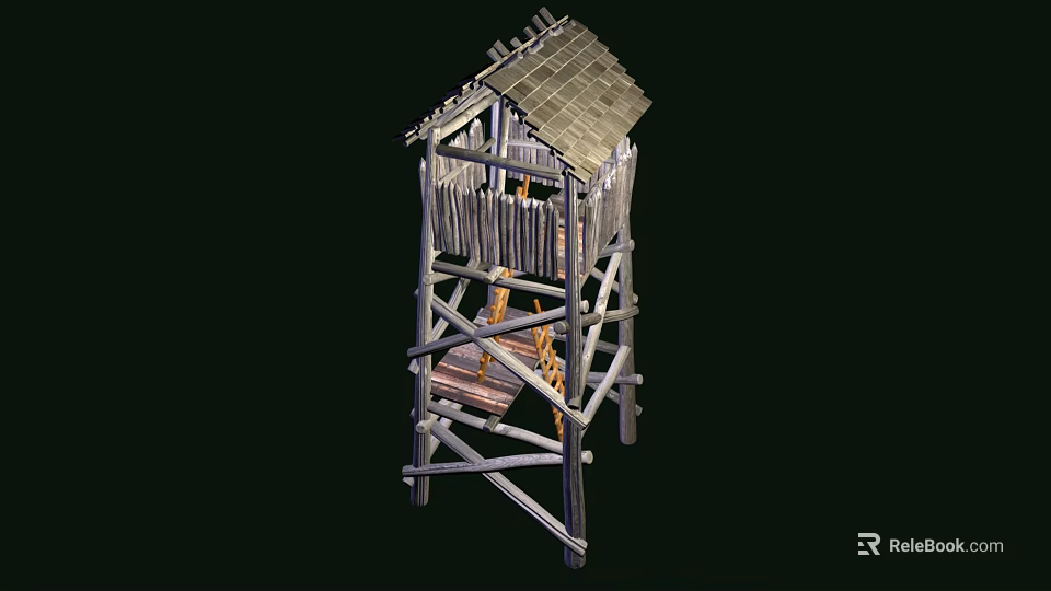 Wooden Stick Built Tower Multi Level Structure With Ladder Platform And Tile Roof 3d model 