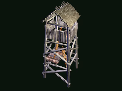Wooden Stick Built Tower Multi Level Structure With Ladder Platform And Tile Roof 3d model