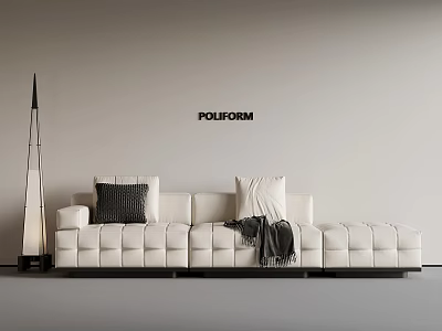 Modern White Sectional Sofa with Black Pillow Light Cushion and Blanket Poliform in Minimalist Room 3d model