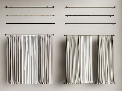 Pleated Curtain Panels In Gray And Beige With Metal And Wooden Rods 3d model