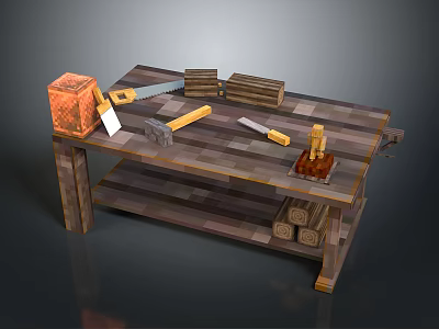 Wooden Carpentry Workbench Setup With Saw Hammer Chisel And Stacked Wooden Logs 3d model