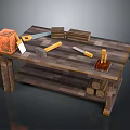 Wooden Carpentry Workbench Setup With Saw Hammer Chisel And Stacked Wooden Logs