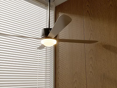 Modern Ceiling Fan With Light Near Window Blinds And Wooden Wall 3d model