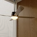 Modern Ceiling Fan With Light Near Window Blinds And Wooden Wall