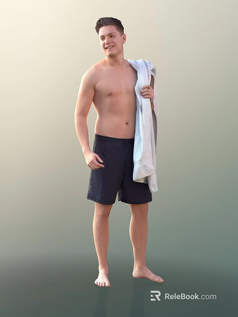 Shirtless Man Holding White Towel In Dark Shorts With Light Green Wall 3d model 