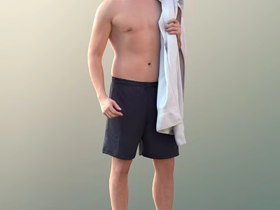 Shirtless Man Holding White Towel In Dark Shorts With Light Green Wall 3d model