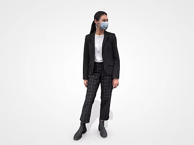 Woman Wearing Black Blazer White T-shirt Plaid Pants With Face Mask Standing in White Background 3d model