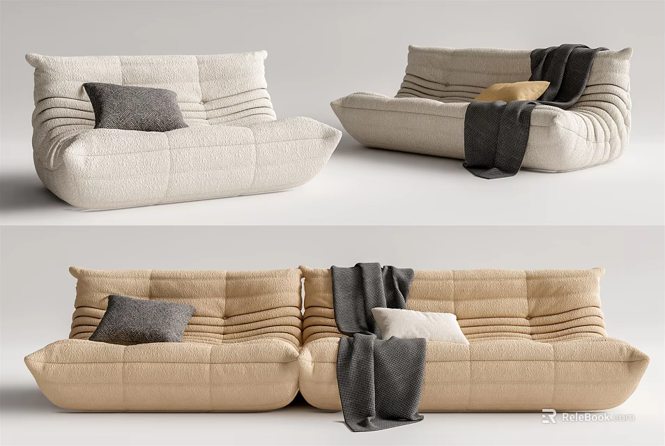 Modern Beige Striped Multi seat Sofa With Throw Pillows And Blanket 3d model 