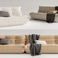 Modern Beige Striped Multi seat Sofa With Throw Pillows And Blanket 3d model