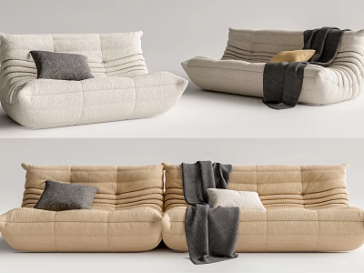 Modern Beige Striped Multi seat Sofa With Throw Pillows And Blanket 3d model