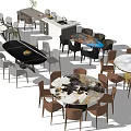 Modern Dining Table Set With Round Rectangular Marble Black Tabletops And Gray Brown Black Chairs 3d model