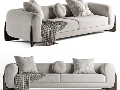 Modern Light Gray Two Seater Sofa with Plush Pillows Checkered Throw Blanket and Dark Legs 3d model