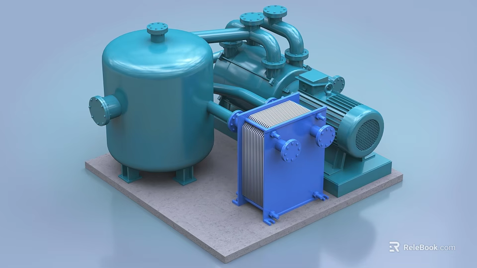 Industrial Equipment Setup Featuring Blue Storage Tank Compressor And Heat Exchanger 3d model 