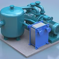 Industrial Equipment Setup Featuring Blue Storage Tank Compressor And Heat Exchanger