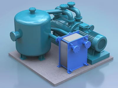 Industrial Equipment Setup Featuring Blue Storage Tank Compressor And Heat Exchanger 3d model