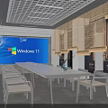 Modern Conference Room With Large Screen Displaying Windows 11 Long Table Chairs And Latticed Ceiling